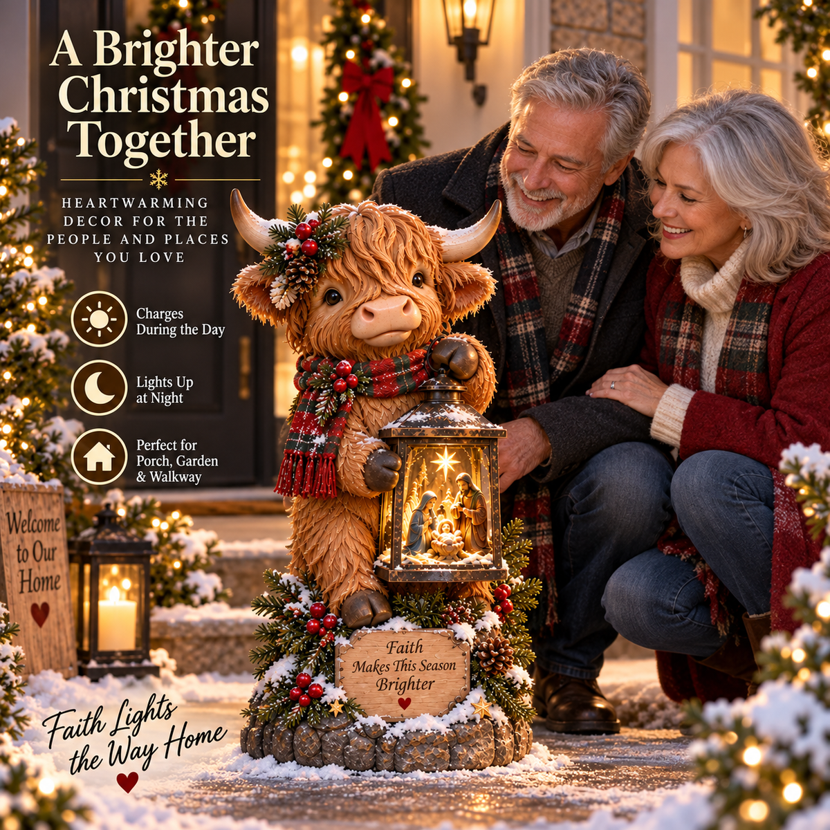 🐮✨ Highland Cow Nativity Lantern™ – Solar Lighted Christmas Porch & Garden Decor ✝️🎄