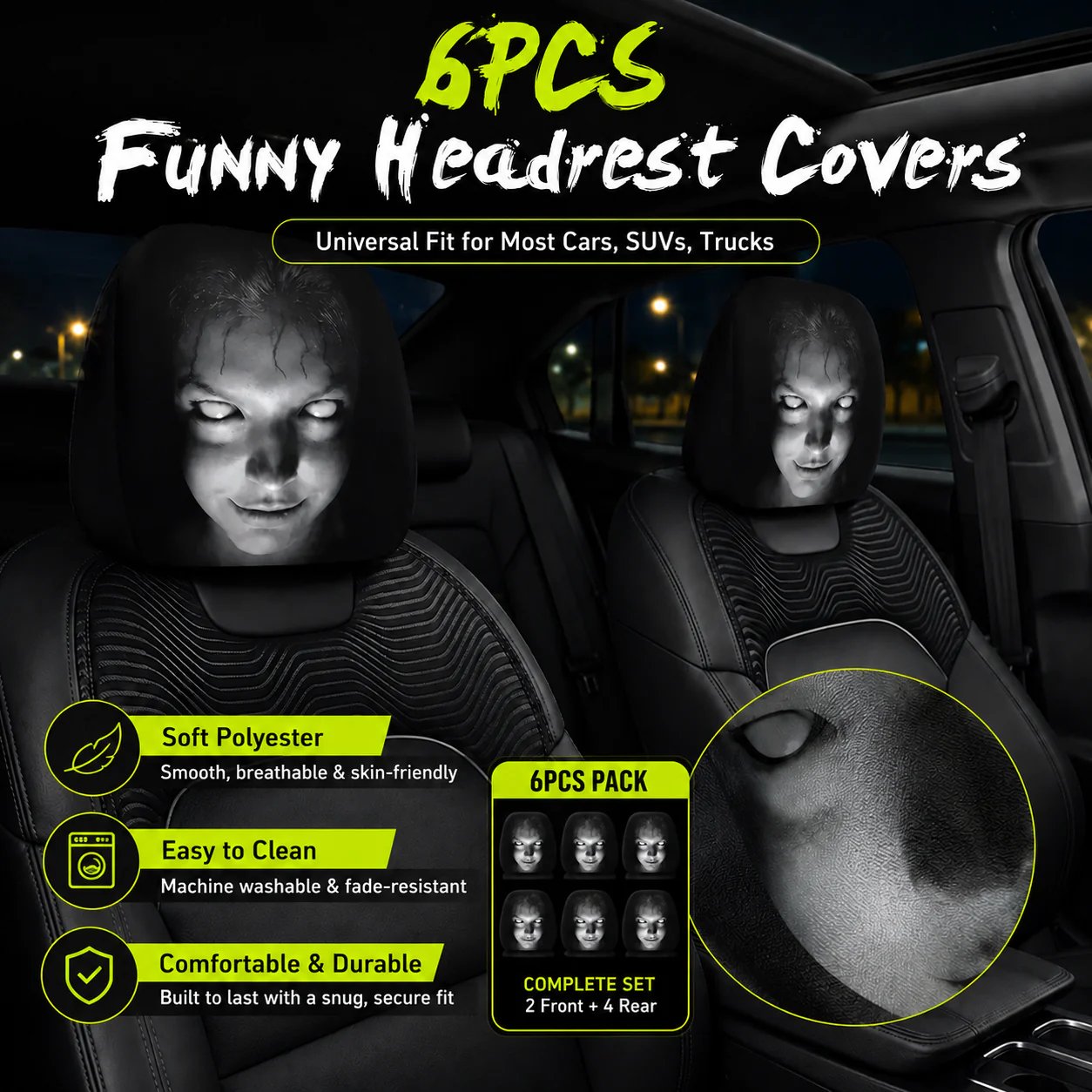 ๐ Funny Cartoon Car Headrest Covers โ 2PCS Universal Fit ๐