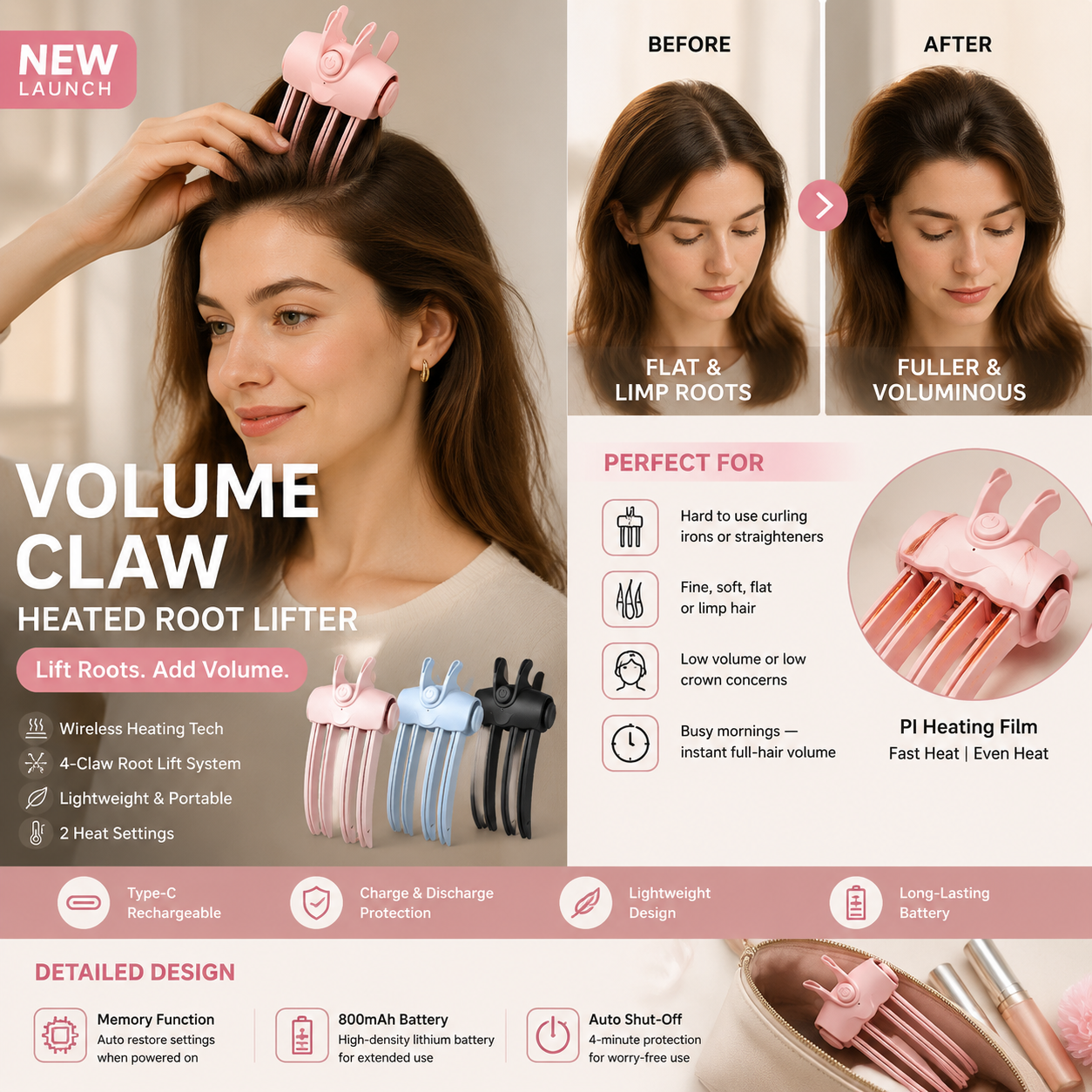 🥳2026 HOT SALE🥳💞50K+ SOLD!💨⛲50% OFF! Wireless Heated Root Lift Clip – Salon‑style crown volume for fine, flat hair. No backcombing, no damage – just clip, heat & go! 🌀✨