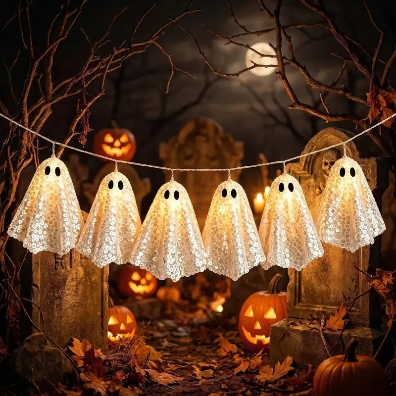 10pcs Halloween Ghost String Lights, Atmospheric Glitter Ghost LED Lights, Battery Operated