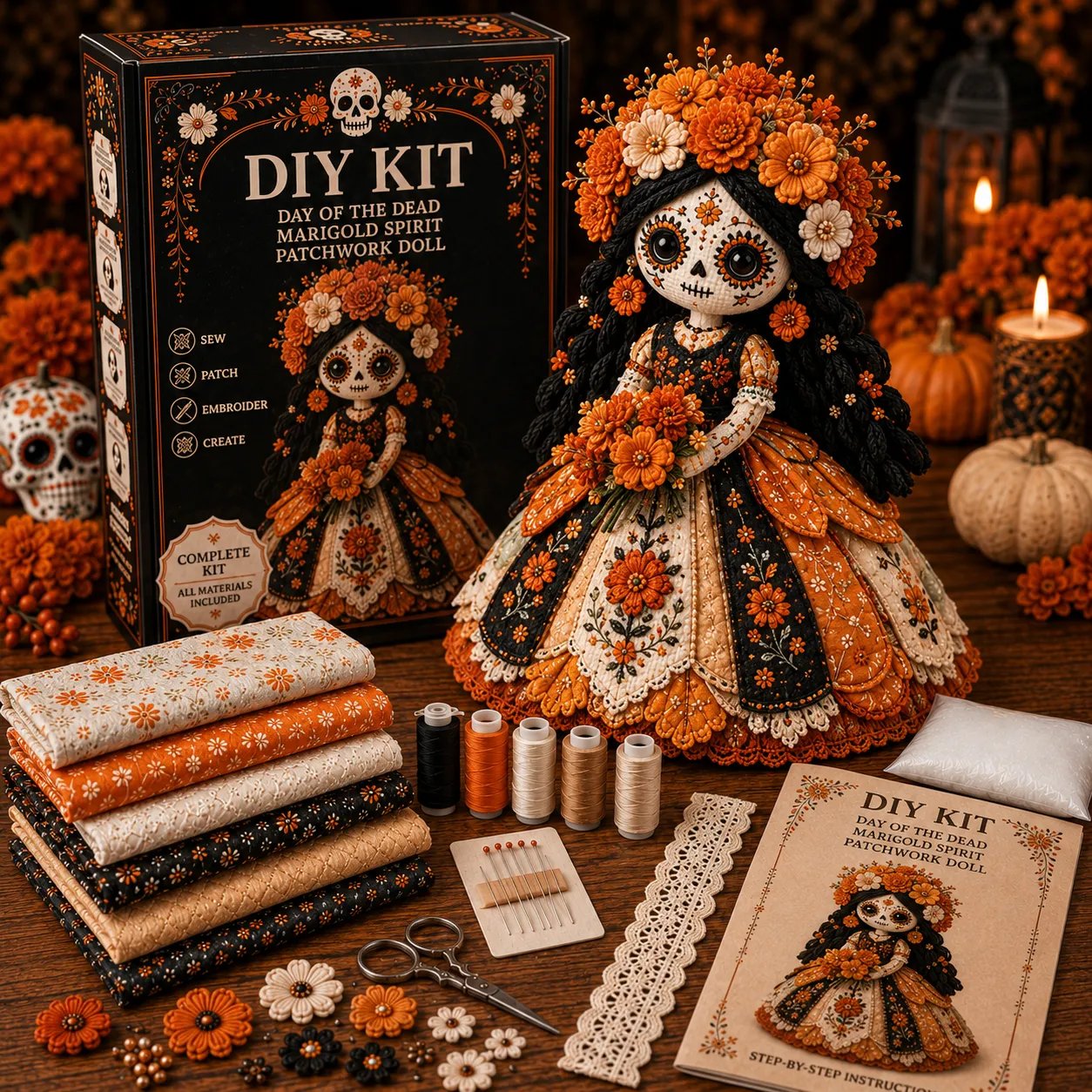 🔥 Day of the Dead Patchwork Doll DIY Kit | Handmade Fabric Craft with Floral Details