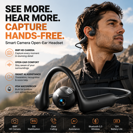👂Smart earphones with 8MP camera for photos and videos, AI translation, and motion capture.