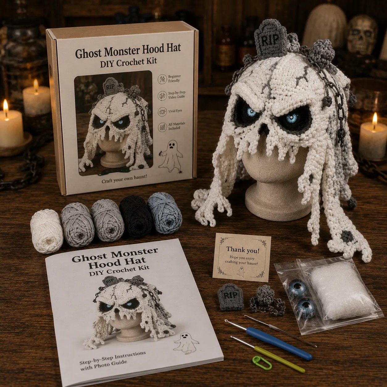 🎭🎃 Halloween Monster Hood DIY Crochet Kit | Premium Soft Yarn Materials with Step-by-Step Guide DIY Handmade Wearable Character Hood 🧶✨