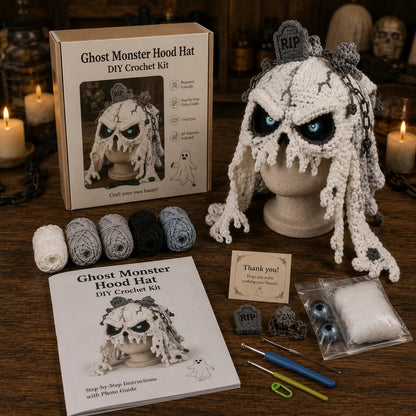 🎭🎃 Halloween Monster Hood DIY Crochet Kit | Premium Soft Yarn Materials with Step-by-Step Guide DIY Handmade Wearable Character Hood 🧶✨