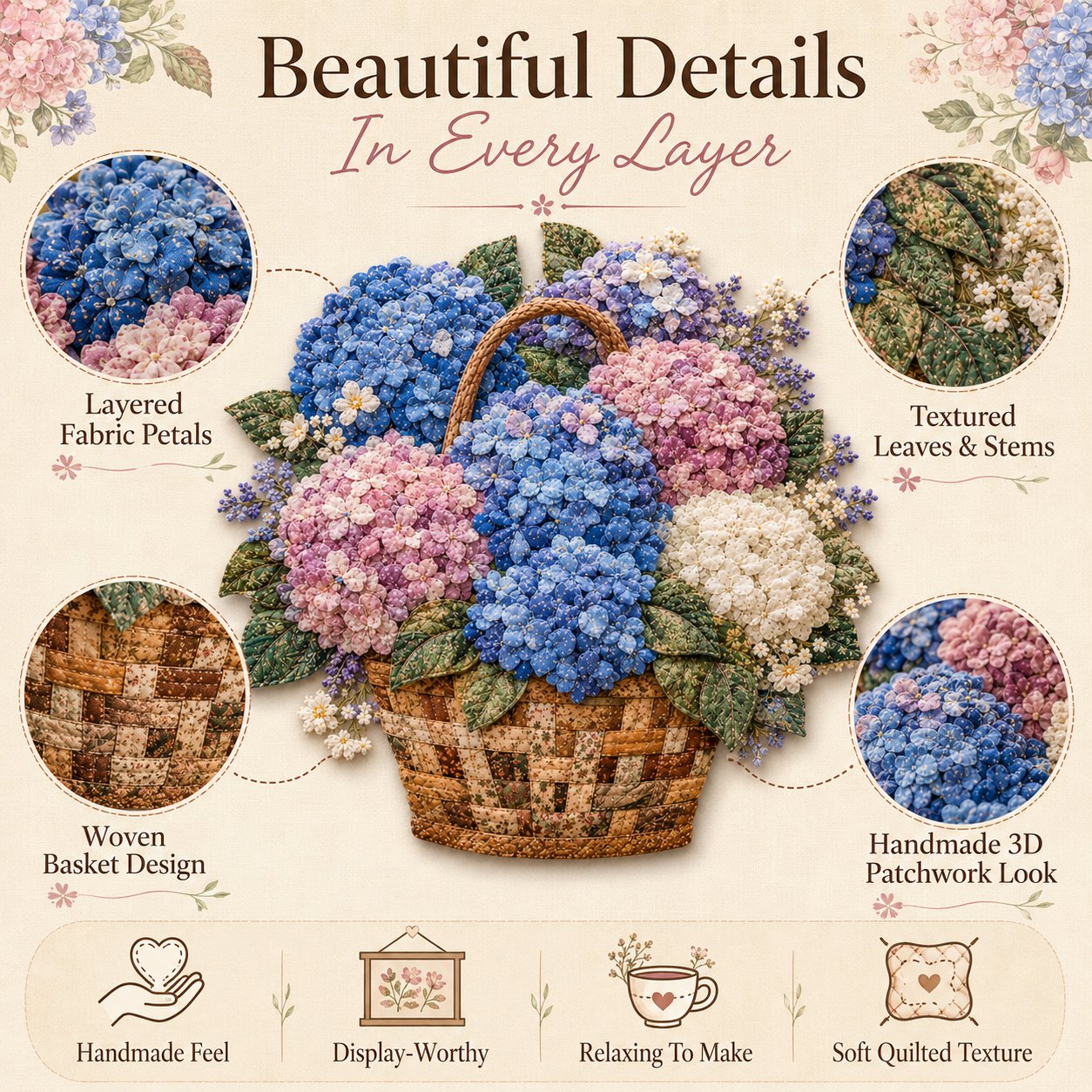 🌸🧵 Premium Floral Basket Patchwork DIY Kit | High-Quality Layered Fabric Bouquet with Raised Petals & Woven Basket Details ✨