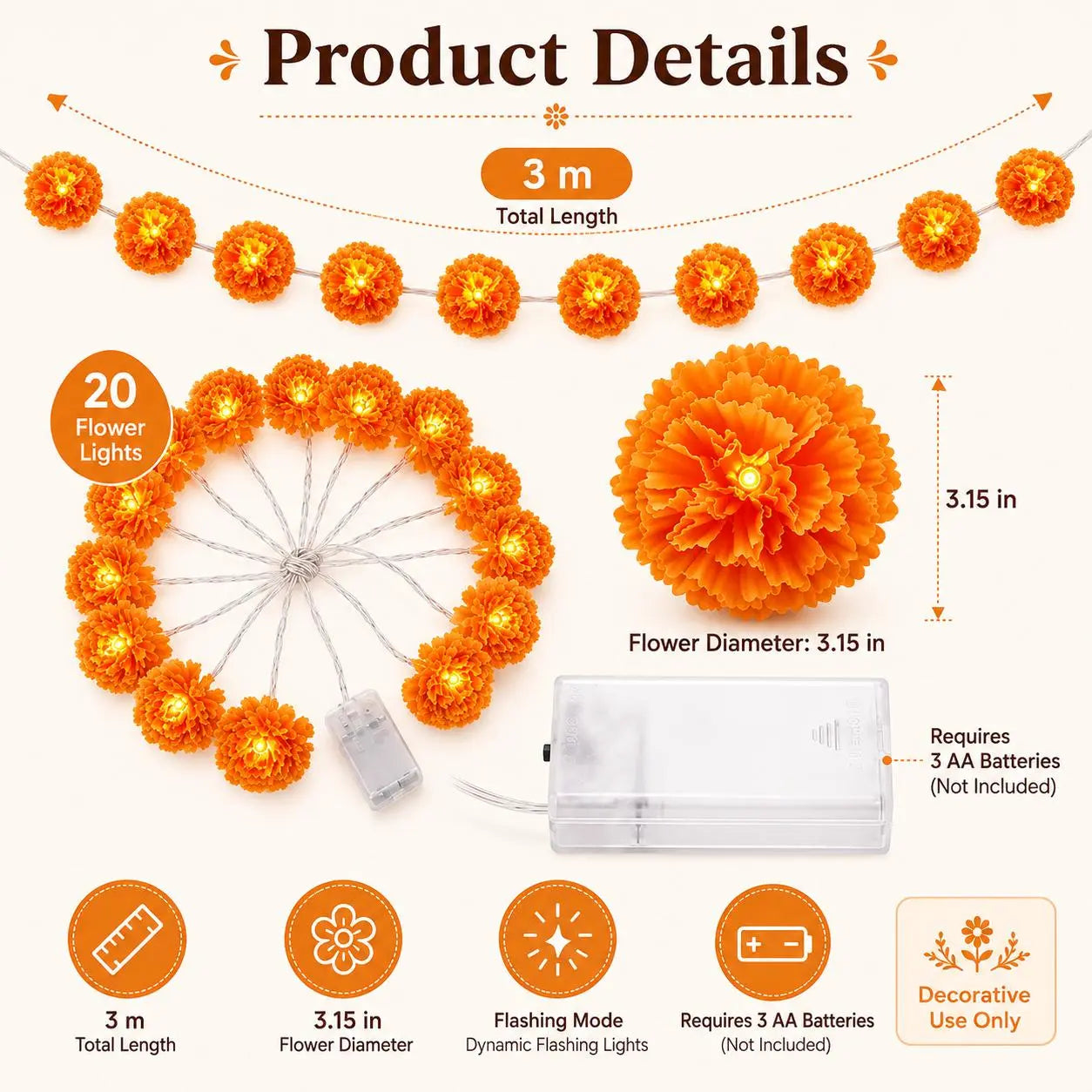 3M 20-LED Marigold String Lights for Ofrenda, Halloween & Fall Decor