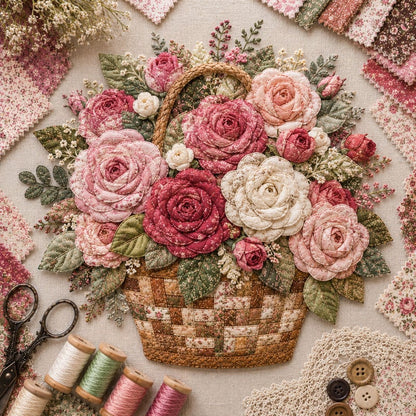 🌸🧵 Premium Floral Basket Patchwork DIY Kit | High-Quality Layered Fabric Bouquet with Raised Petals & Woven Basket Details ✨