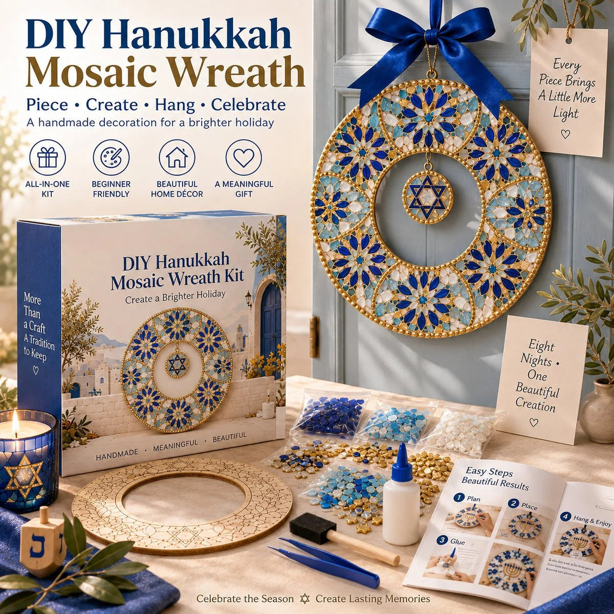 🕎 DIY Hanukkah Mosaic Wreath Kit – 6 Festive Designs for Holiday Home Décor