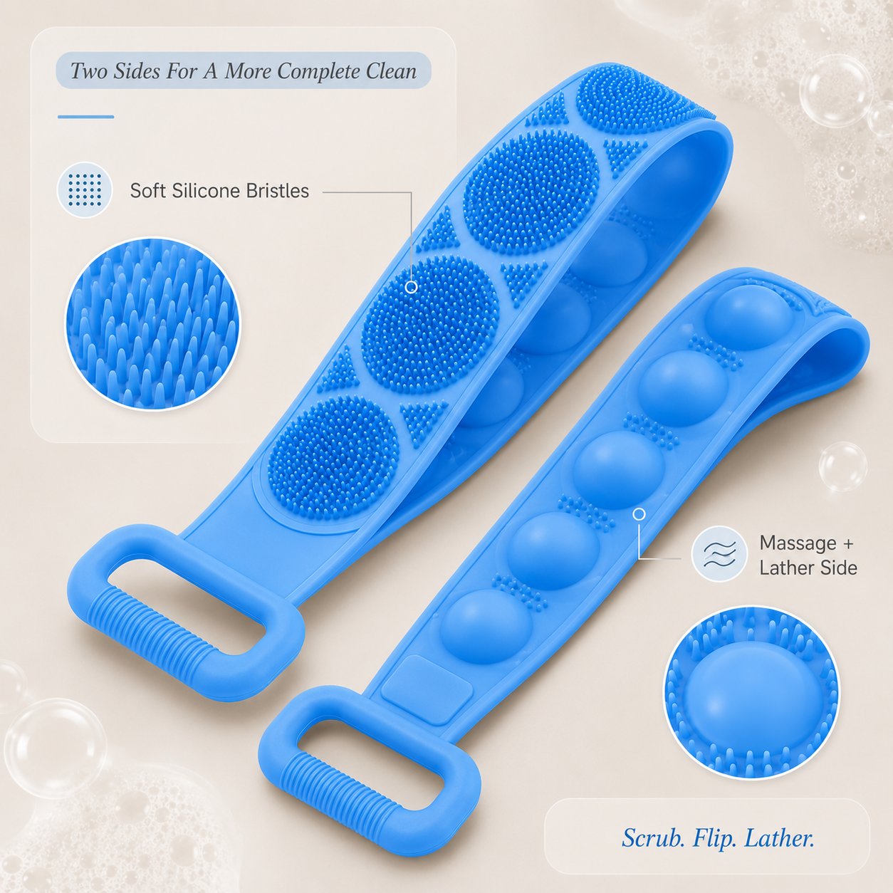 🛁 Double-Sided Silicone Back Scrubber-Easily exfoliate dead skin