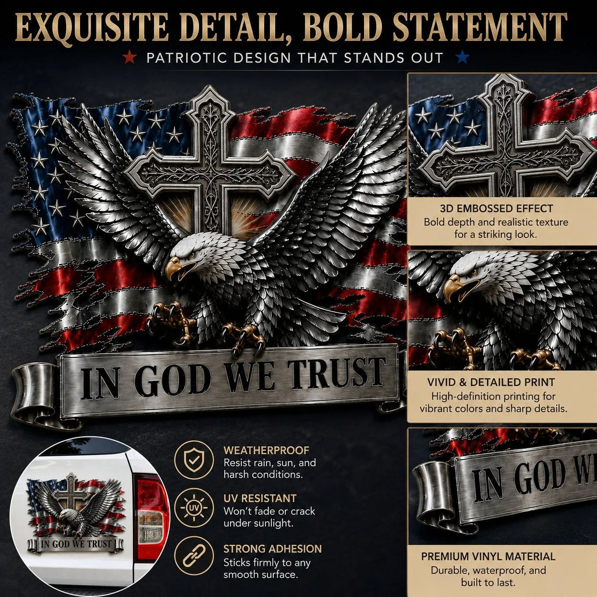 🦅 In God We Trust Bald Eagle Car Emblem | American Flag Faith Badge For Proud Patriots