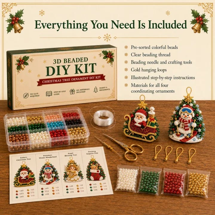 🎄DIY 3D Christmas Beaded Ornament Kit | Complete 4-Piece Set with Glass Beads, All Tools & Step-by-Step Guide Included 💕