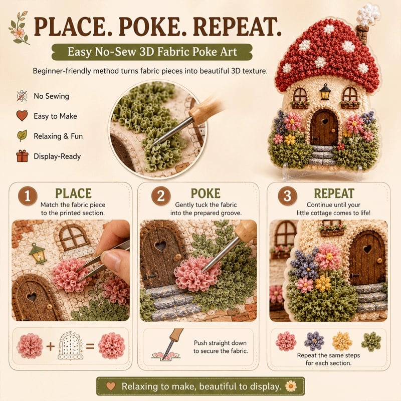 ✨ Whimsical Village 3D Fabric Poke Art Kit | No-Sew Storybook Cottage Craft with Soft 3D Texture, Poke Tool & Display Stand 🏡🧵