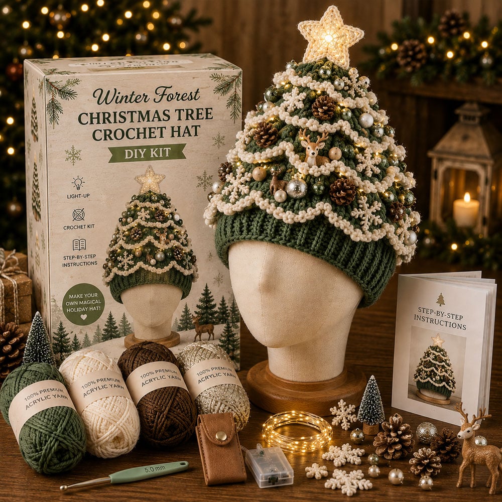 🎄Beginner-Friendly Light-Up Christmas Tree Crochet Hat DIY Kit | Complete Kit with Coordinated Yarn, LED Lights & Step-by-Step Guide Included 💕