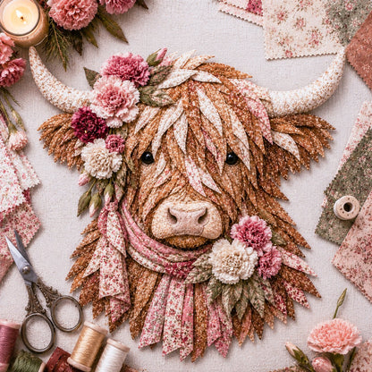🐮💐🌸 Birth Flower Highland Cow 3D Layered Fabric Art DIY Kit (Beginner-friendly) 🔥