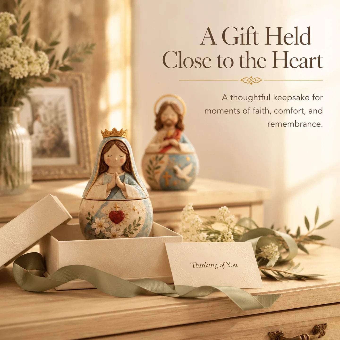 ✨ Divine Grace Collection: Hand-Painted Sacred Heart Jesus & Blessed Mary Keepsake Box