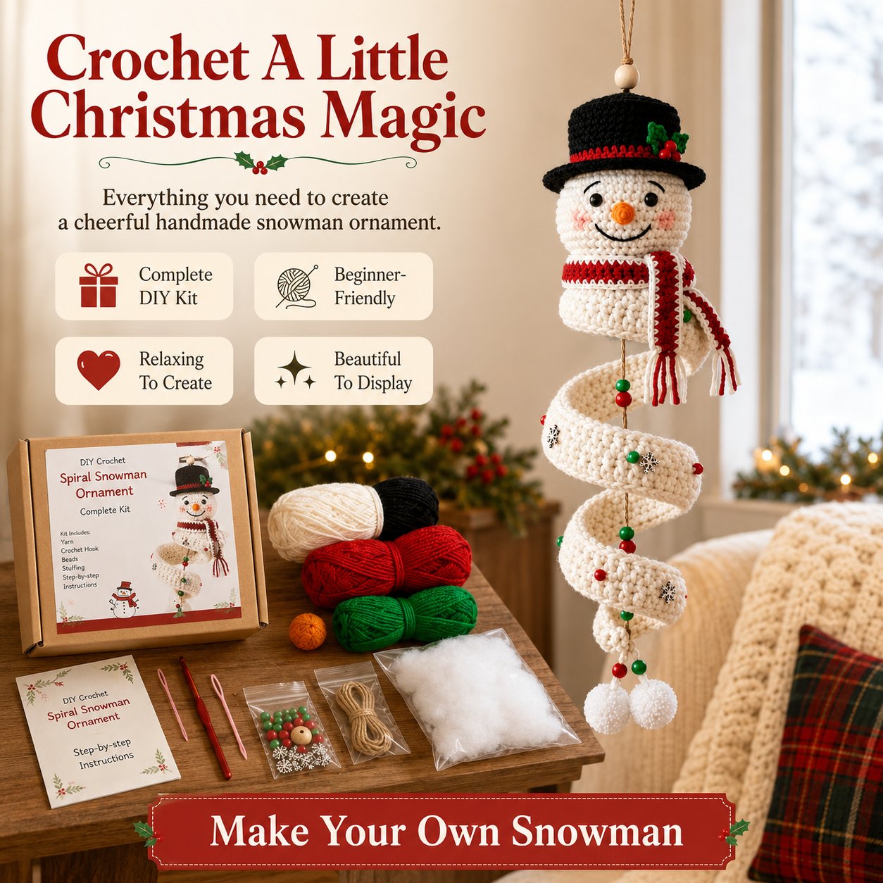 🔥 Limited Time Sale 49% OFF – ☃️ Crochet Snowman Spiral Ornament DIY Kit | Complete Beginner-Friendly Set with Soft Yarn, Crochet Hook, Festive Beads, Snowflakes & Step-by-Step Guide 🧶🎄✨