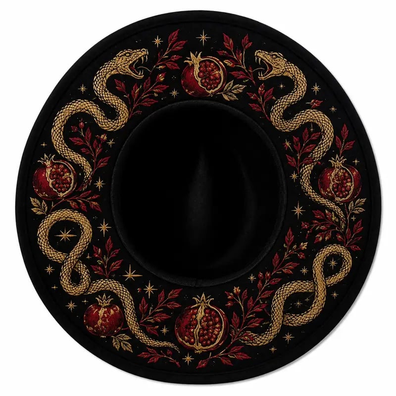 🖤 Gothic Embroidered Wide Brim Fedora Hat | Black Felt Design with Detailed Underside Embroidery in 7 Witchy, Celestial & Halloween Styles 🌙