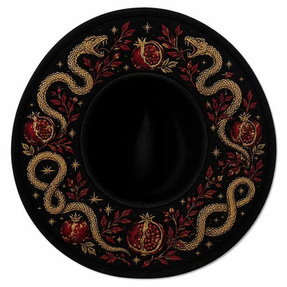 🖤 Gothic Embroidered Wide Brim Fedora Hat | Black Felt Design with Detailed Underside Embroidery in 7 Witchy, Celestial & Halloween Styles 🌙