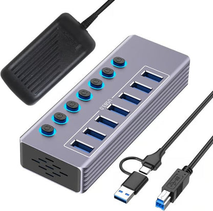 Powered 10-Port USB 3.0 Hub, USB C to 10 Ports USB Data Hub Splitter with Individual LED On/Off Switche, 3.3FT Cable, 12V/3A Power Adapter