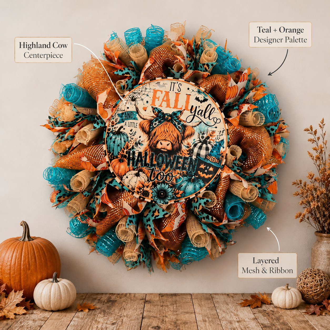 Handmade Highland Cow Fall & Halloween Wreath
