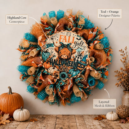 Handmade Highland Cow Fall & Halloween Wreath