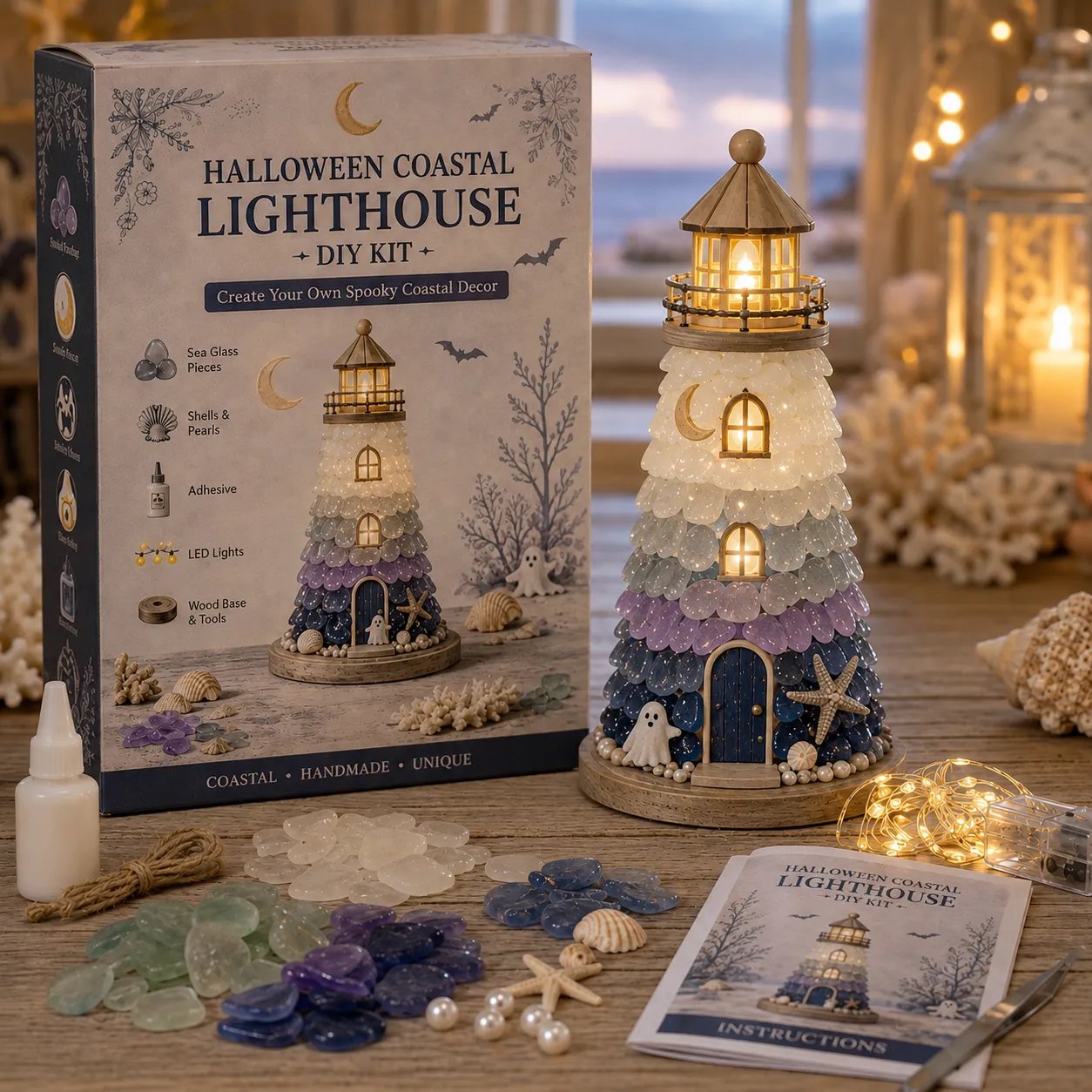 ⏳ Last Day 49% OFF – 🌊 Beginner-Friendly DIY Lighted Sea Glass-Style Lighthouse Kit Collection | Complete Kit with Sea Glass-Style Pieces, LED Lights & Step-by-Step Guide Included 💕