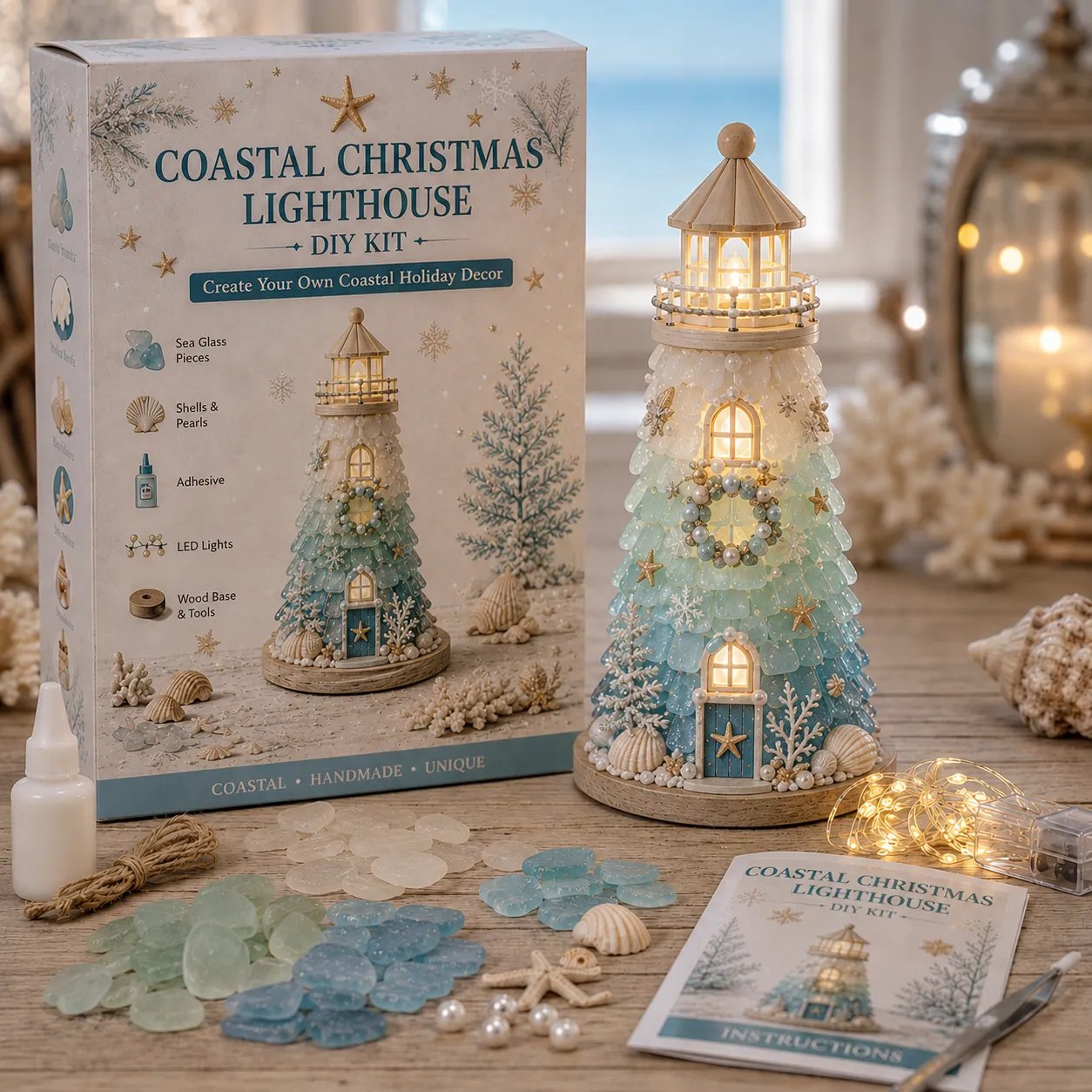 ⏳ Last Day 49% OFF – 🌊 Beginner-Friendly DIY Lighted Sea Glass-Style Lighthouse Kit Collection | Complete Kit with Sea Glass-Style Pieces, LED Lights & Step-by-Step Guide Included 💕
