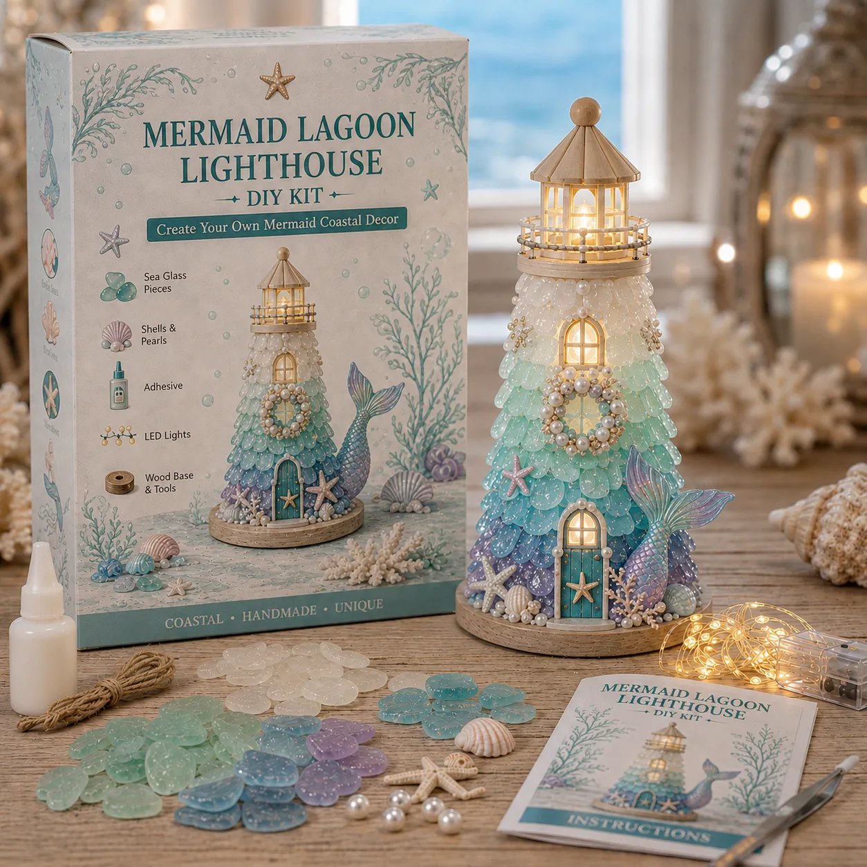 ⏳ Last Day 49% OFF – 🌊 Beginner-Friendly DIY Lighted Sea Glass-Style Lighthouse Kit Collection | Complete Kit with Sea Glass-Style Pieces, LED Lights & Step-by-Step Guide Included 💕