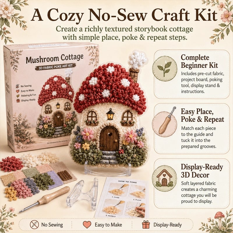 ✨ Whimsical Village 3D Fabric Poke Art Kit | No-Sew Storybook Cottage Craft with Soft 3D Texture, Poke Tool & Display Stand 🏡🧵