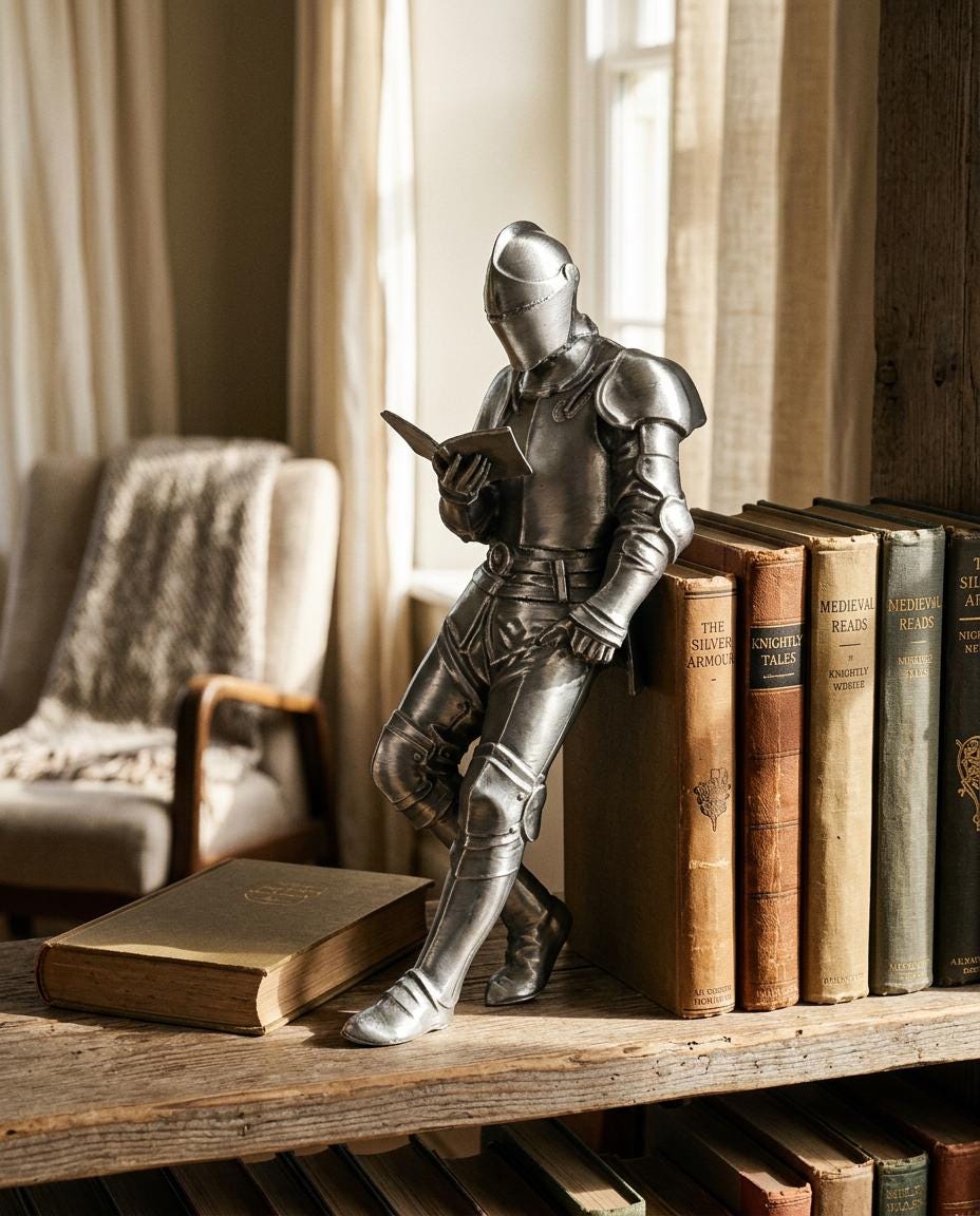 ⚔️ Reading Knight Bookshelf Statue | Medieval Fantasy Bookend Décor