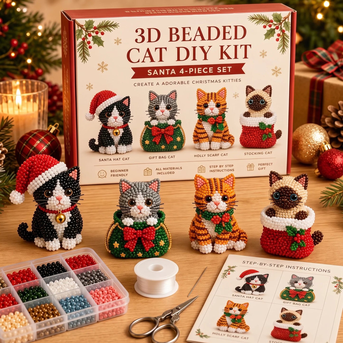 🎄DIY 3D Christmas Beaded Ornament Kit | Complete 4-Piece Set with Glass Beads, All Tools & Step-by-Step Guide Included 💕