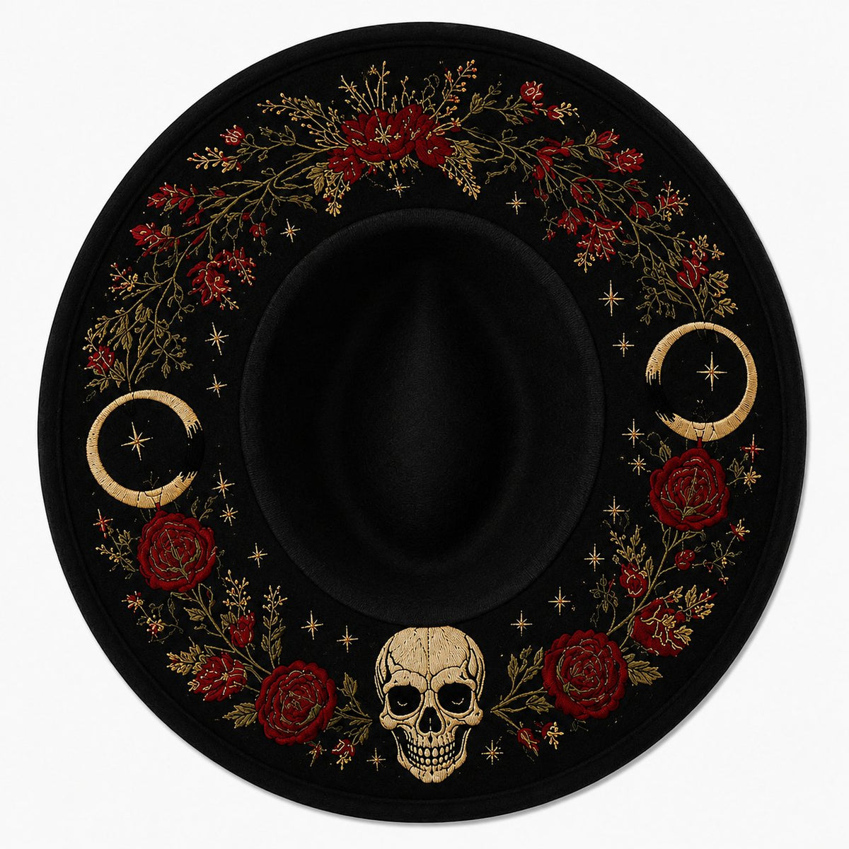 🖤 Gothic Embroidered Wide Brim Fedora Hat | Black Felt Design with Detailed Underside Embroidery in 7 Witchy, Celestial & Halloween Styles 🌙