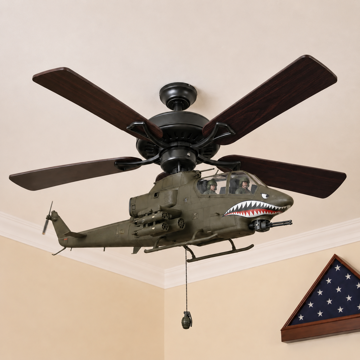 🚁 Military Helicopter Ceiling Fan Decor – Realistic Hanging Ornament for Man Cave & Home.
