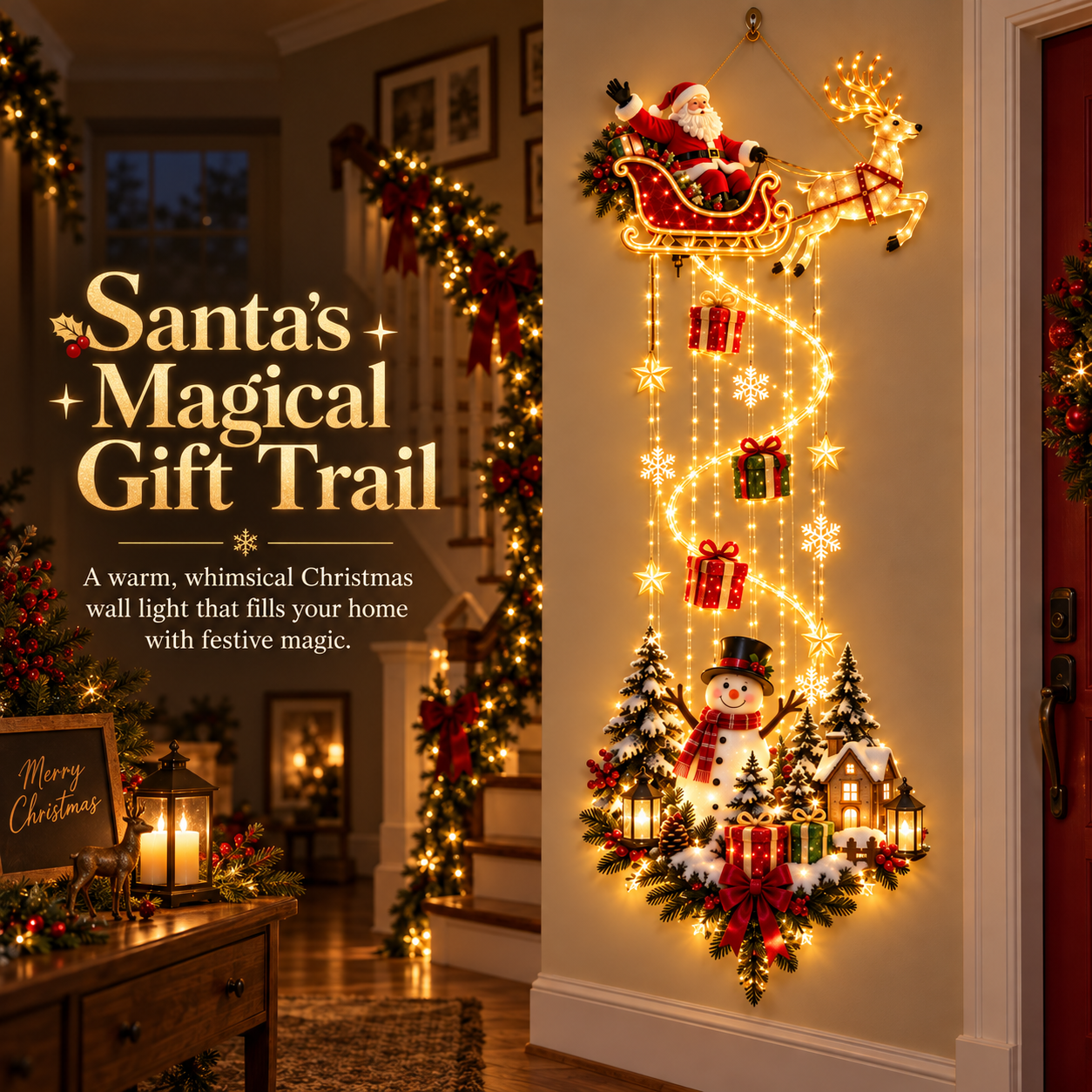 Santa's Magical Gift Trail lighted Christmas wall decor in a festive home