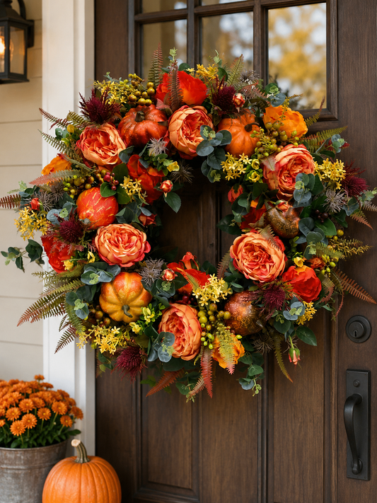 Handmade Fall Peony And Pumpkin Wreath - Year Round Wreath
