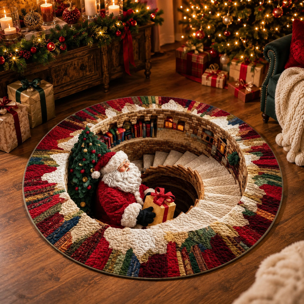 Santa Spiral Staircase 3D Round Rug