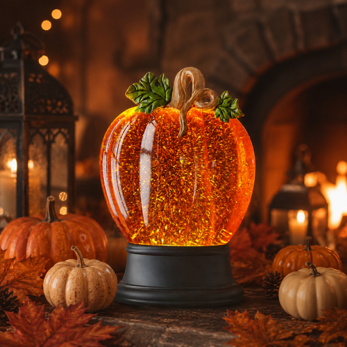 🎉Orange Fall Pumpkin Lighted Glitter Swirl Water Globe