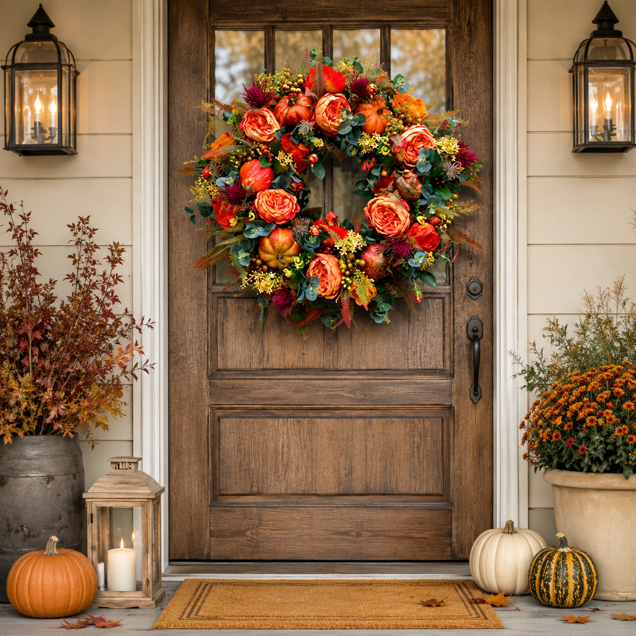 Handmade Fall Peony And Pumpkin Wreath - Year Round Wreath