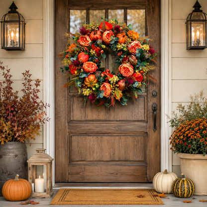 Handmade Fall Peony And Pumpkin Wreath - Year Round Wreath