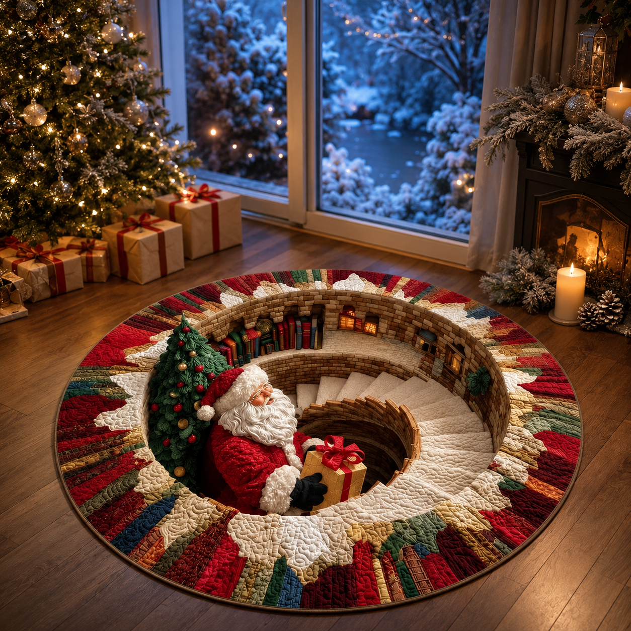 Santa Spiral Staircase 3D Round Rug
