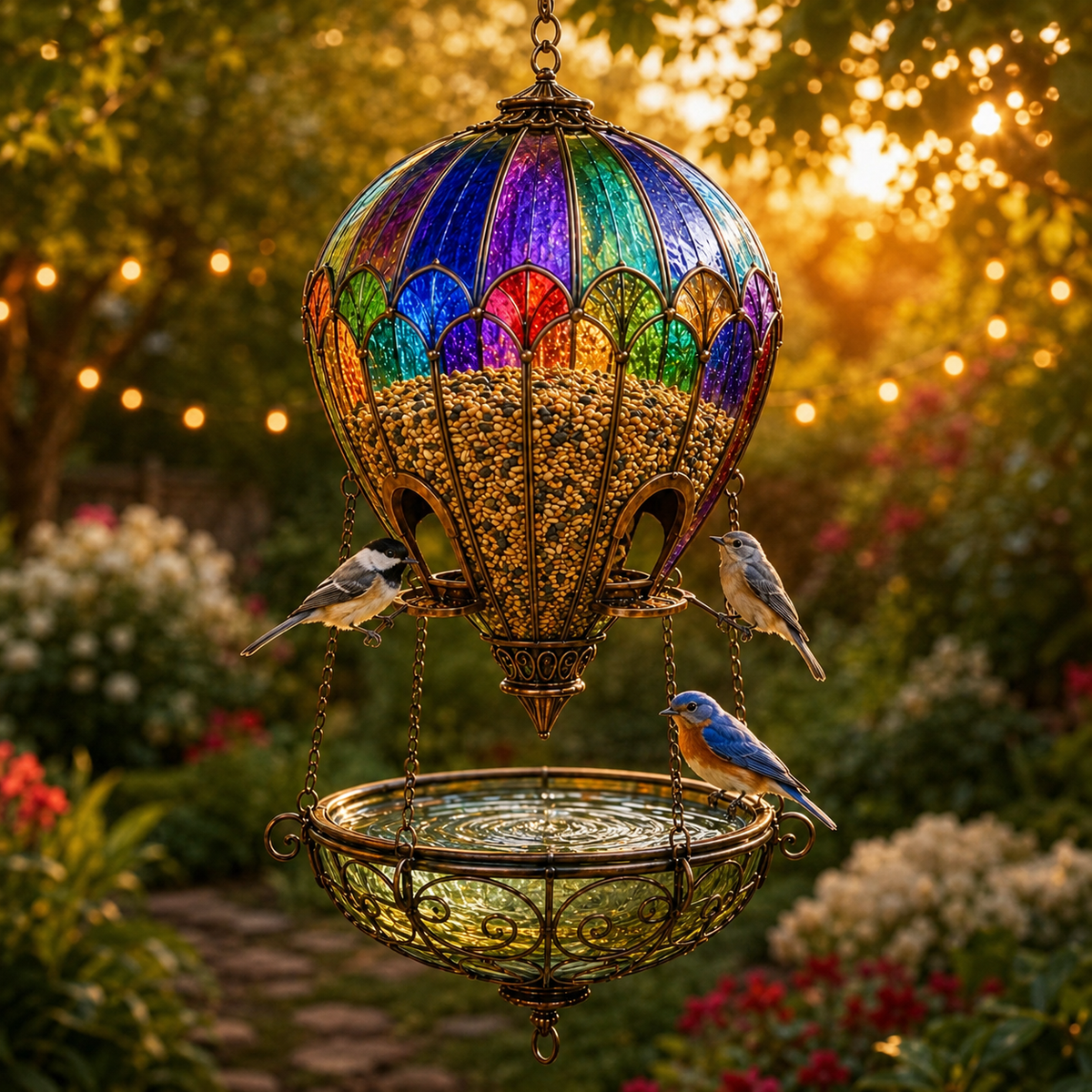 🌈 Stained Glass Hot Air Balloon Bird Feeder Fountain🐦