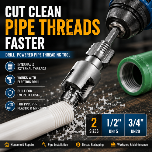 Drill-Powered Pipe Thread Cutting Bit — Internal & External Threading for 1/2' & 3/4' Plastic Pipes