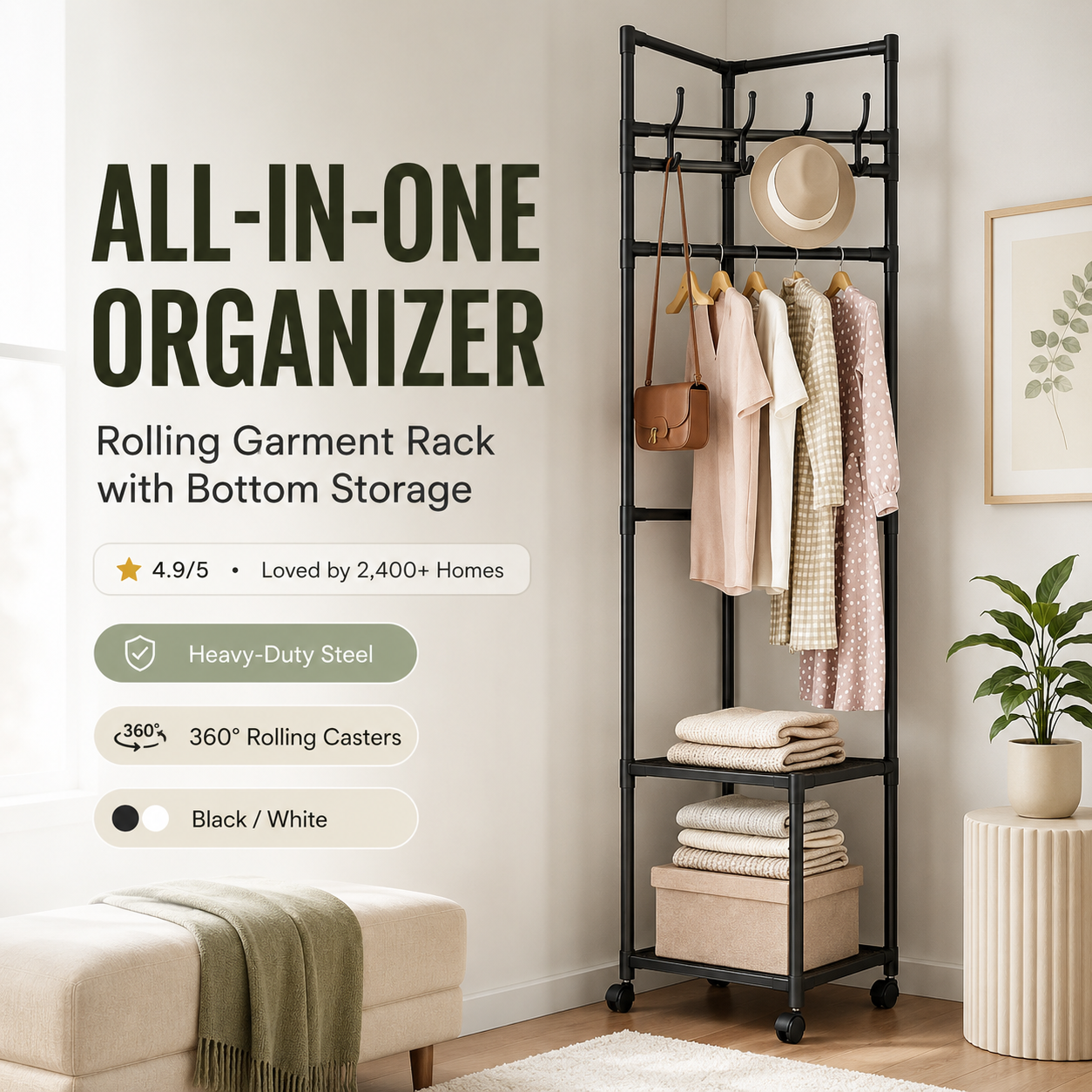 Multi-Functional Rolling Garment Rack with Bottom Storage