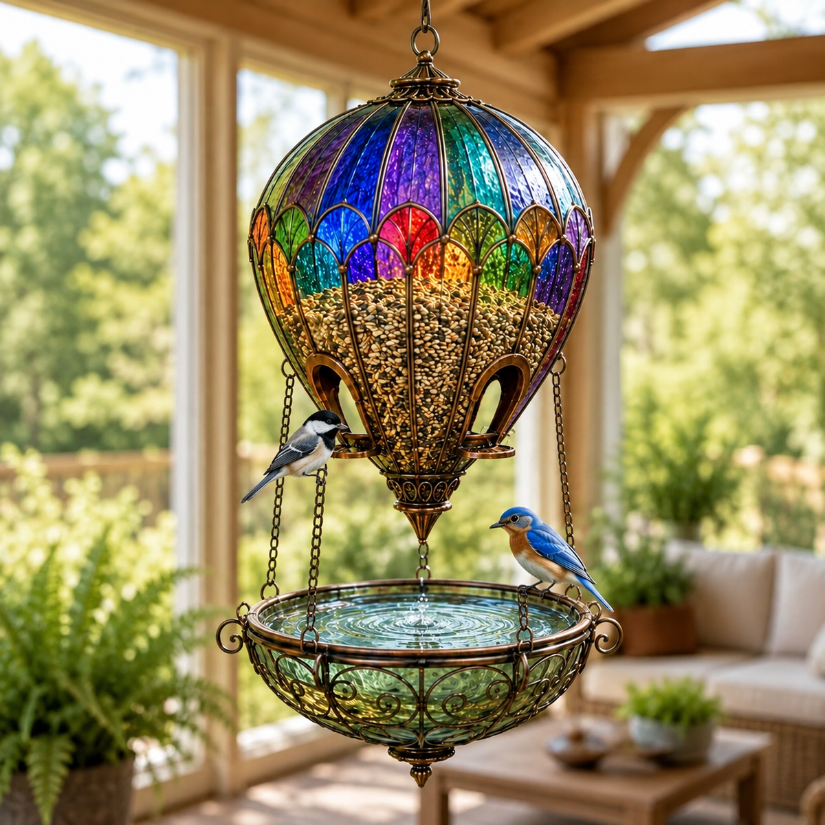 🌈 Stained Glass Hot Air Balloon Bird Feeder Fountain🐦
