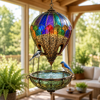 🌈 Stained Glass Hot Air Balloon Bird Feeder Fountain🐦