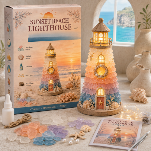 ⏳ Last Day 50% OFF – 🌊 Beginner-Friendly DIY Lighted Sea Glass-Style Lighthouse Kit Collection | Complete Kit with Sea Glass-Style Pieces, LED Lights & Step-by-Step Guide Included 💕
