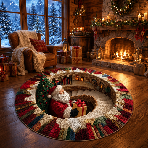 Santa Spiral Staircase 3D Round Rug