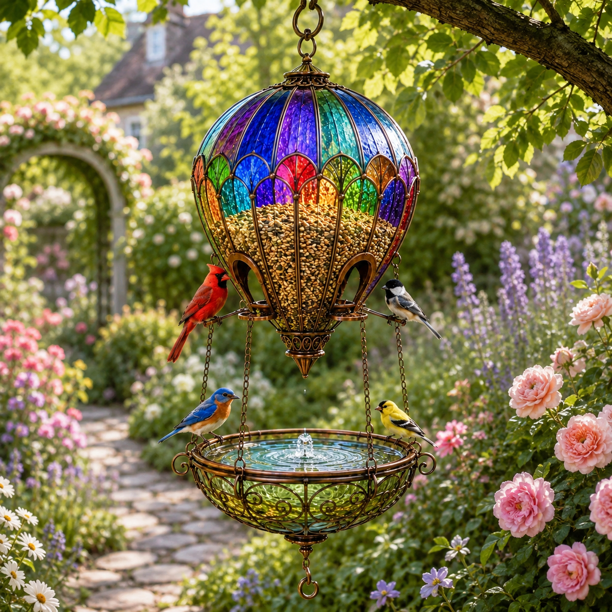 🌈 Stained Glass Hot Air Balloon Bird Feeder Fountain🐦