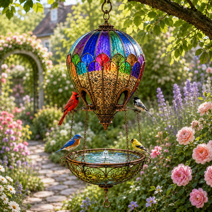 🌈 Stained Glass Hot Air Balloon Bird Feeder Fountain🐦