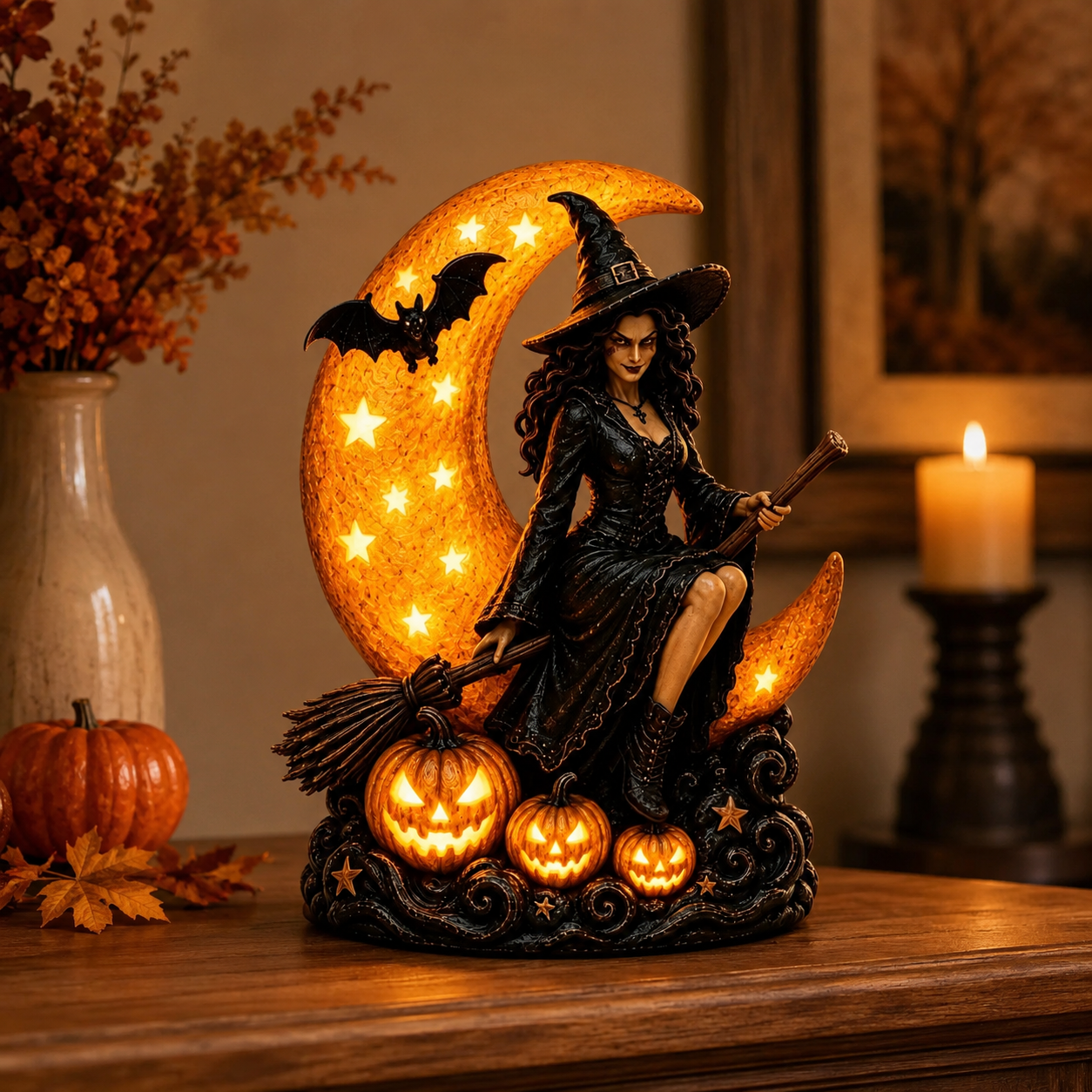 🔥🎃40% OFF Lighted Witch on Crescent Moon with Pumpkins LED Halloween Tabletop Lamp